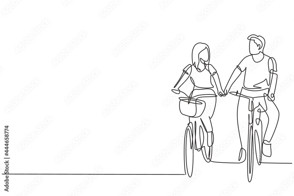 Continuous one line drawing happy couple cycling outdoors in summer. Romantic cycling couple holding hands. Togetherness of young husband and wife. Single line draw design vector graphic illustration