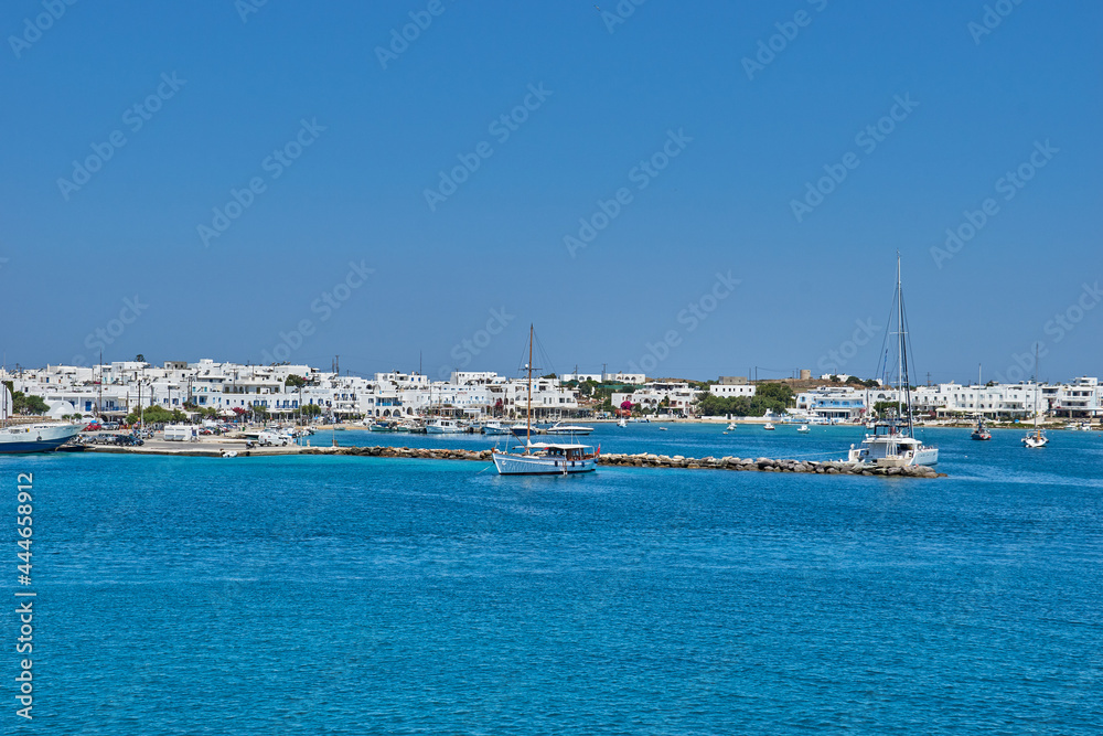 Beautiful seascape view travelling to Antiparos island as the boat approaches the port. Panoramic summer scenery in Greece at Antiparos island, Cyclades, Greece