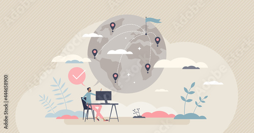 Glocalization as market trade adaption to local customers tiny person concept. Product customization to cover multiple cultures around globe vector illustration. International business management.