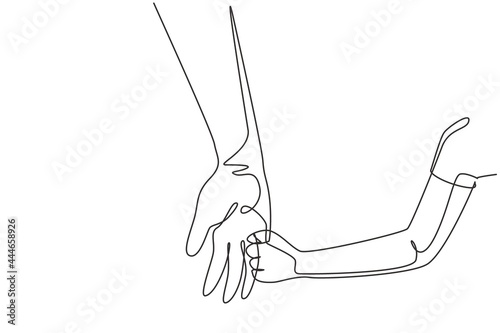 Single one line drawing happy parent holding child's hand. Childhood with family. Boy have bonding with his father. Hero father and family pride. Continuous line design graphic vector illustration