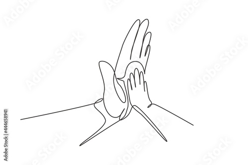 Single continuous line drawing father and child making hi-five gesture. Little baby have bonding with his father. Hero father and family pride. Dynamic one line draw graphic design vector illustration