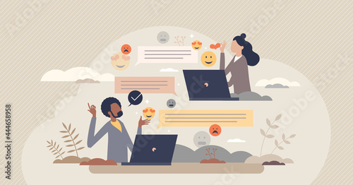 Digital communication etiquette and proper writing style tiny person concept. Social standard for reactions and emotions in computer or phone messages vector illustration. Symbolic feeling expression. photo