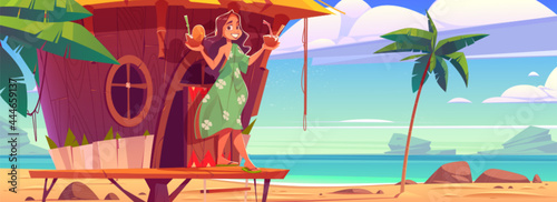 Woman with cocktails in tiki hut on hawaii beach. Smiling girl wearing summer dress holding coconut drinks stand on wooden terrace at sandy ocean coastline with palm trees, Cartoon vector illustration