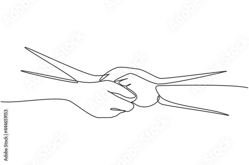 Single one line drawing two hands holding each other. Sign or symbol of love, relationship, couple, marriage. Communication with hand gestures. Continuous line draw design graphic vector illustration