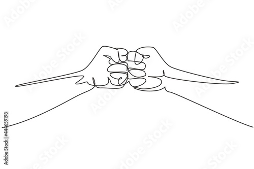 Continuous one line drawing two hands make fist bump. Sign or symbol of power, hitting, attack, force. Communication with hand gestures. Nonverbal signs. Single line design vector graphic illustration
