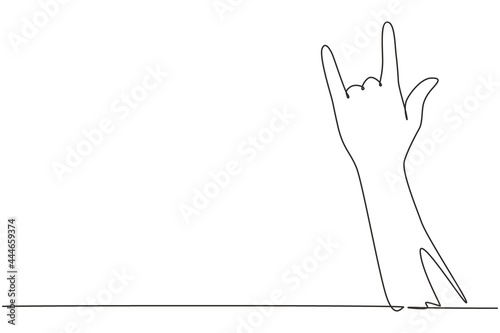 Single continuous line drawing rock on gesture symbol. Heavy metal or resistance hand gesture. Nonverbal signs or symbols. Hand variation shape. One line draw graphic design vector illustration
