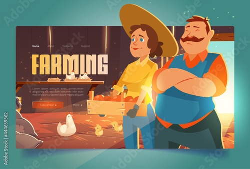 Farmers in barn cartoon landing page, ranchers farm house with chicken and vegetable or fruit crop. Agricultural production, poultry or fowl eco food, ranch market natural products, vector web banner