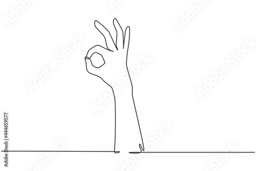Single one line drawing hand showing okay or perfect gesture. Number three hand count. Learn to count numbers. Nonverbal signs or symbols. Continuous line draw design graphic vector illustration