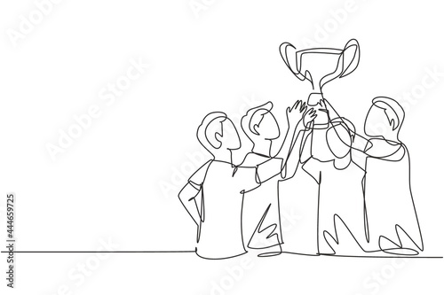 Single one line drawing male athlete team in sports jersey holding golden trophy together. Celebrating victory of international championship. Continuous line draw design graphic vector illustration