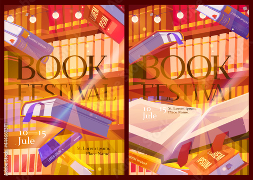 Book festival posters with library interior. Invitation flyers to event with literature presentation and fair. Vector banners with cartoon illustration of shelves and flying books