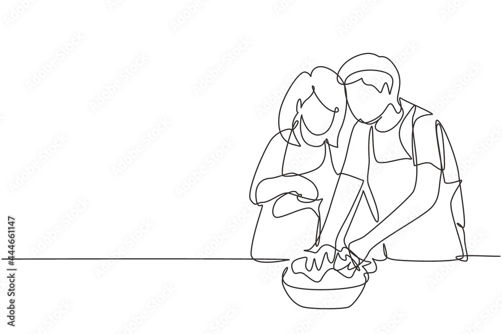 Single continuous line drawing beautiful young wife helping her husband make dough by adding olive oil. Pastry preparation in cozy kitchen at home. One line draw graphic design vector illustration Single continuous line drawing beautiful young wife helping her husband make dough by adding olive oil. Pastry preparation in cozy kitchen at home. One line draw graphic design vector illustration