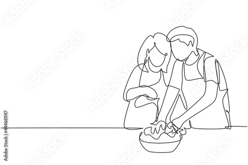 Single continuous line drawing beautiful young wife helping her husband make dough by adding olive oil. Pastry preparation in cozy kitchen at home. One line draw graphic design vector illustration