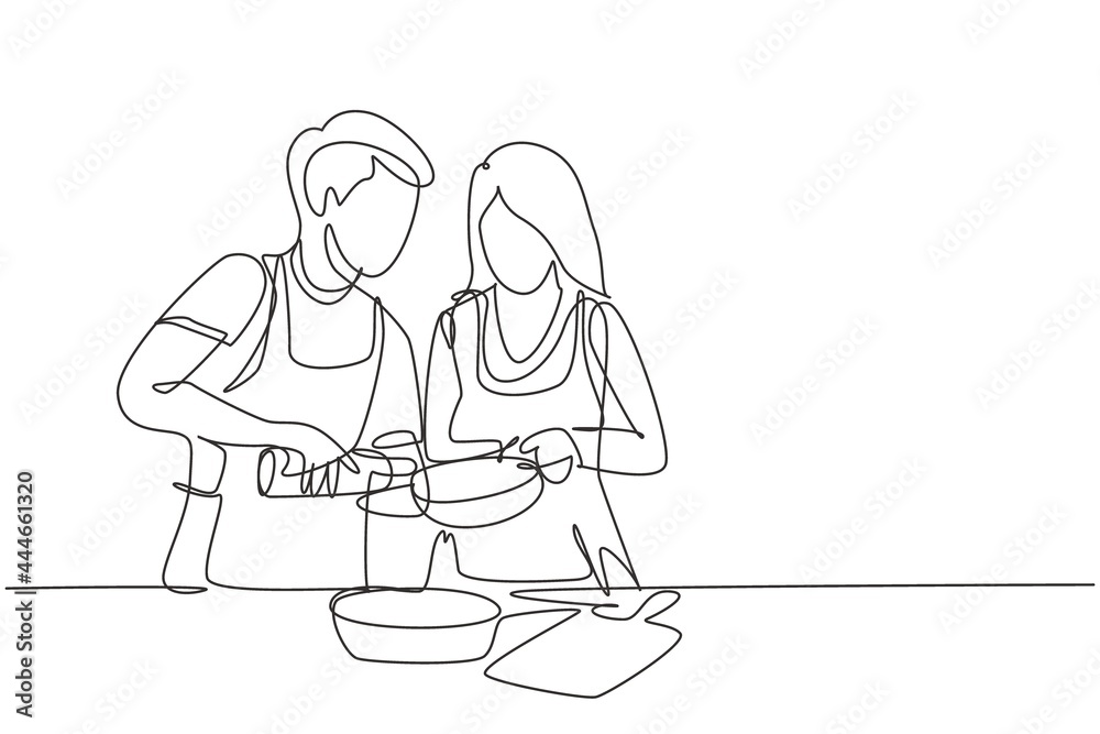 Continuous one line drawing happy romantic couple pour oil into pan which is being held by one of them. Cooking preparation in cozy kitchen at home. Single line draw design vector graphic illustration Continuous one line drawing happy romantic couple pour oil into pan which is being held by one of them. Cooking preparation in cozy kitchen at home. Single line draw design vector graphic illustration