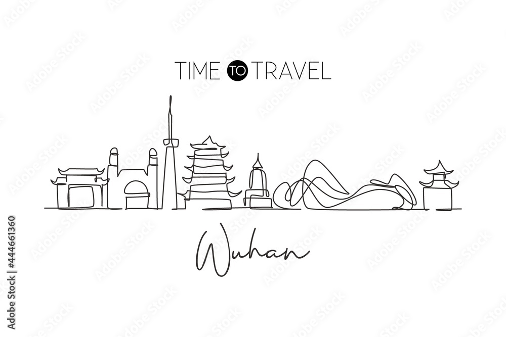 Continuous one line drawing Wuhan city skyline, China. Asia beautiful landmark gallery. World landscape tourism travel wall decor poster print art. Stylish single line draw design vector illustration