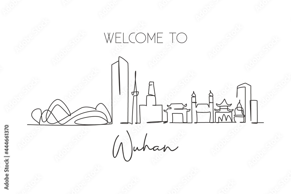 Single continuous line drawing Wuhan skyline, China. Asia famous city scraper landscape gallery. World travel home wall decor art poster print concept. Modern one line draw design vector illustration