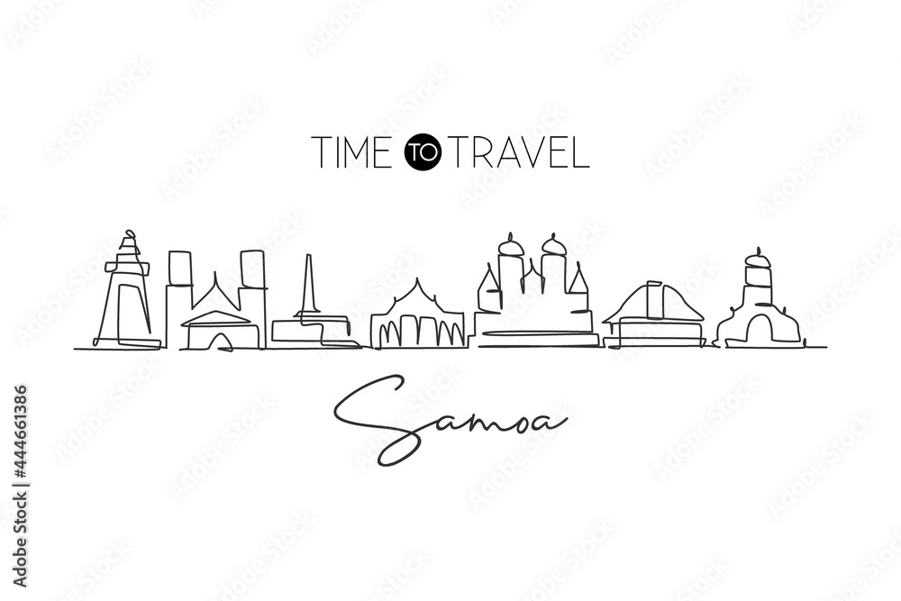 Single continuous line drawing Samoa skyline, Oceania. Famous city scraper landscape. World travel home wall decor art poster print concept gallery. Modern one line draw design vector illustration