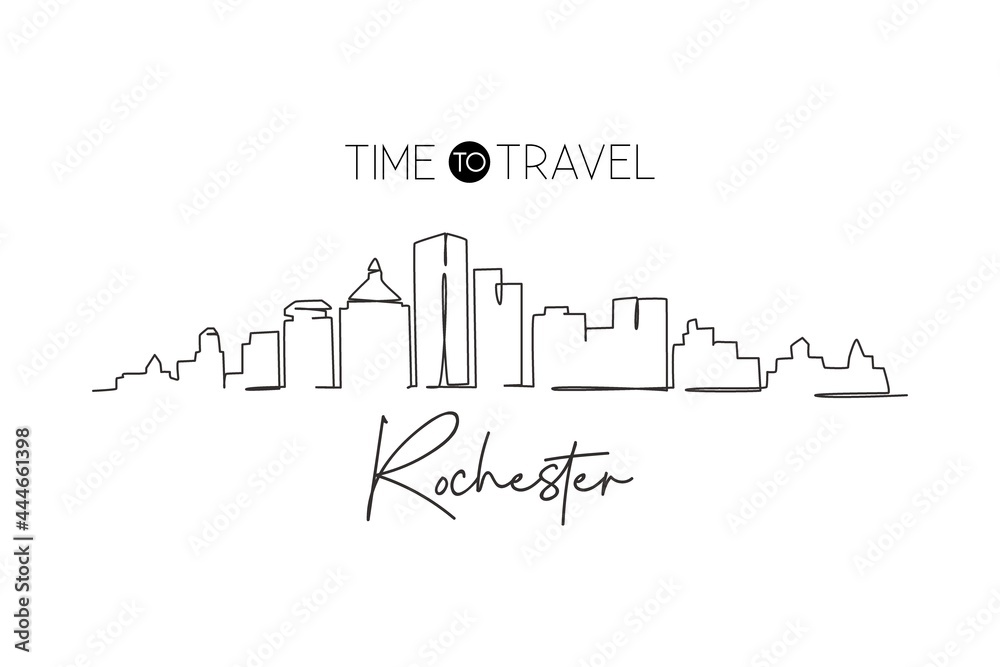 Single one line drawing Rochester city skyline, Minnesota. World historical town landscape. Best holiday destination postcard. Editable stroke trendy continuous line draw design vector illustration