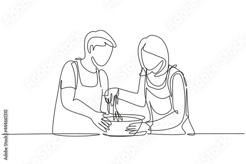 Single continuous line drawing happy romantic couple knead cake dough using manual hand mixer. Enjoying kneading cake dough together at home. Dynamic one line draw graphic design vector illustration
