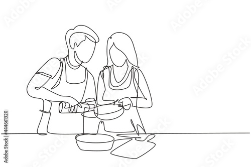 Continuous one line drawing happy romantic couple pour oil into pan which is being held by one of them. Cooking preparation in cozy kitchen at home. Single line draw design vector graphic illustration