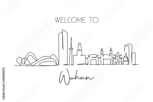 Single continuous line drawing Wuhan skyline  China. Asia famous city scraper landscape gallery. World travel home wall decor art poster print concept. Modern one line draw design vector illustration