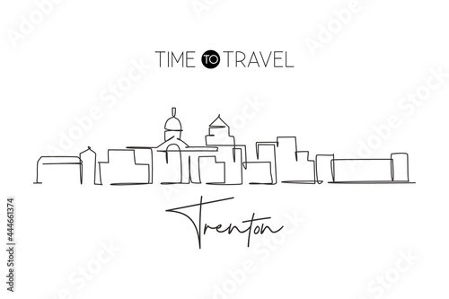 Continuous one line drawing Trenton city skyline, New Jersey. Beautiful landmark. World landscape tourism travel wall decor poster print art. Stylish single line draw design vector illustration photo