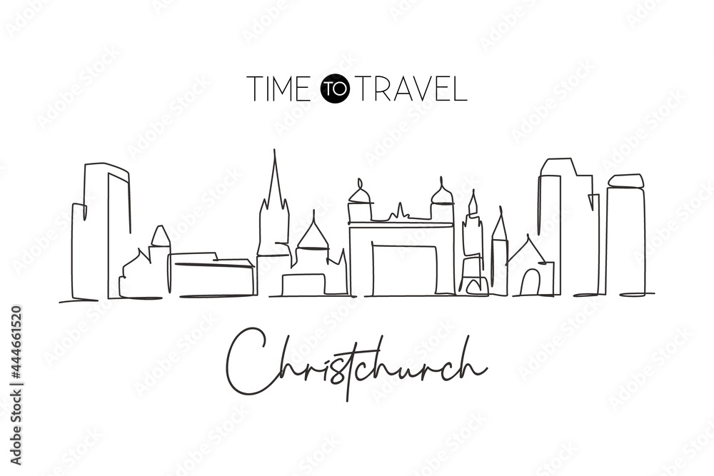 Single one line drawing Christchurch city skyline, New Zealand. World historical town landscape gallery. Best holiday destination postcard print. Trendy continuous line draw design vector illustration