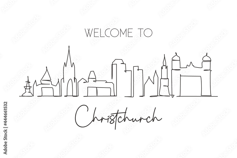 Single continuous line drawing Christchurch skyline, New Zealand. Famous city scraper landscape. World travel home wall decor art poster print concept. Modern one line draw design vector illustration