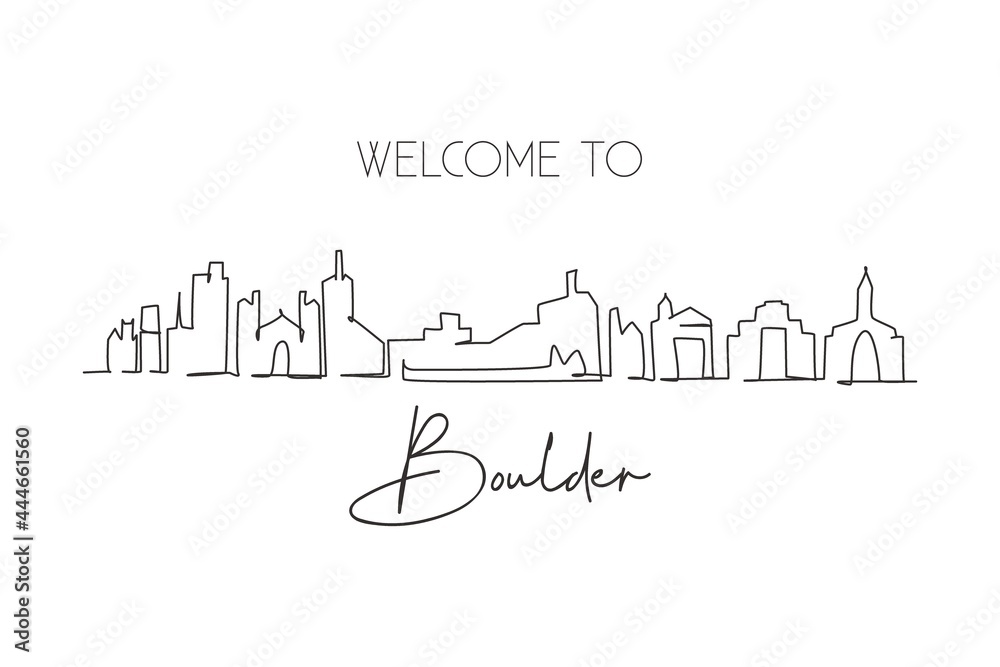 Single one line drawing Boulder city skyline, Colorado. World historical town landscape. Best holiday destination postcard print. Editable stroke trendy continuous line draw design vector illustration