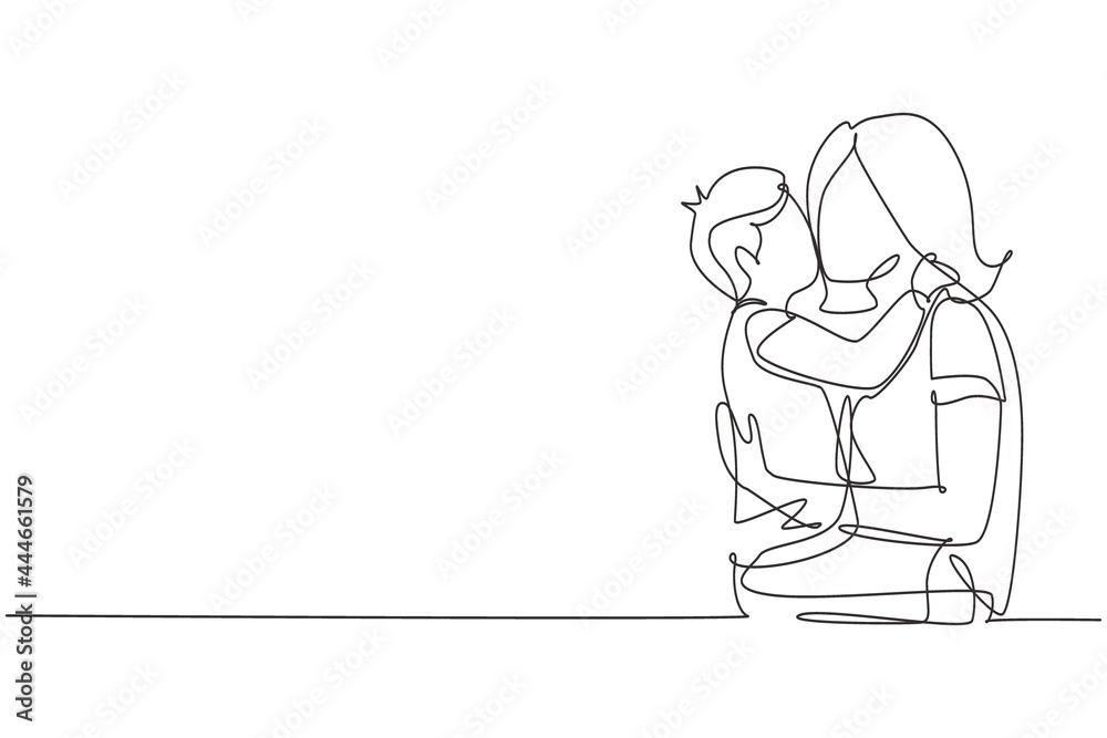 Continuous one line drawing sweet little boy is hugging and kissing his beautiful young mom in cheek while sitting on bed at home. Mothers day. Single line draw design vector graphic illustration Continuous one line drawing sweet little boy is hugging and kissing his beautiful young mom in cheek while sitting on bed at home. Mothers day. Single line draw design vector graphic illustration