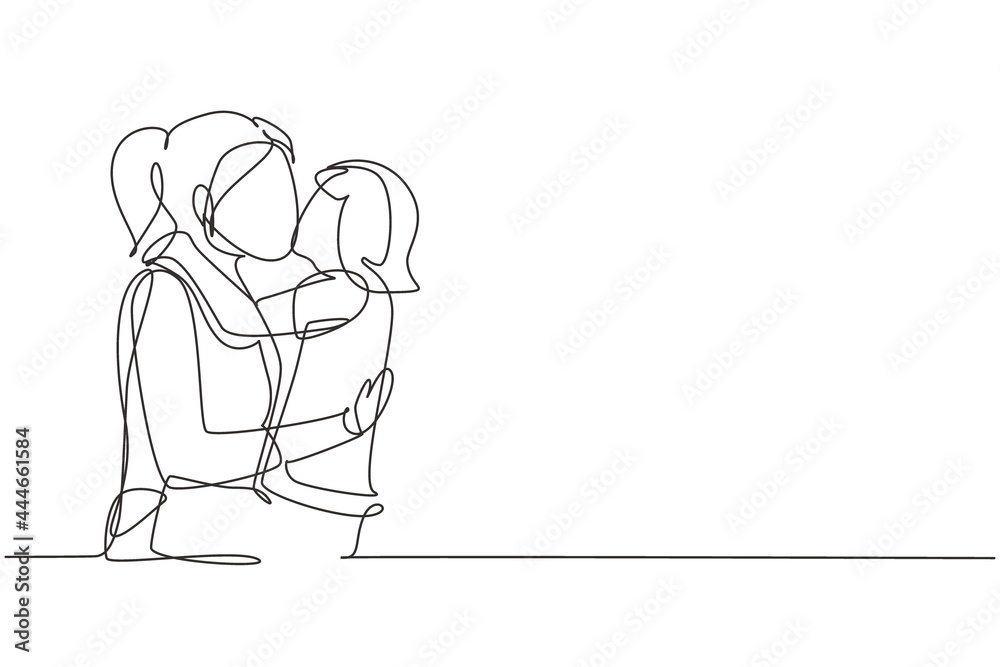 Single continuous line drawing sweet little girl is hugging and kissing her beautiful mom in cheek while sitting on bed at home. Mothers day. Dynamic one line draw graphic design vector illustration