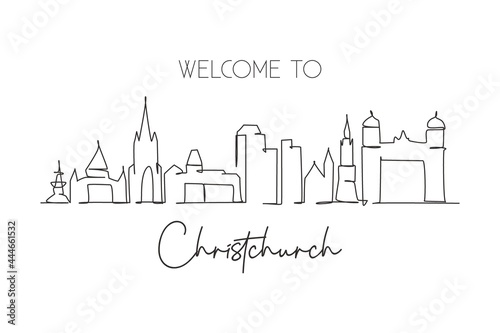 Single continuous line drawing Christchurch skyline, New Zealand. Famous city scraper landscape. World travel home wall decor art poster print concept. Modern one line draw design vector illustration