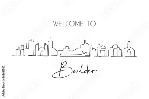 Single one line drawing Boulder city skyline, Colorado. World historical town landscape. Best holiday destination postcard print. Editable stroke trendy continuous line draw design vector illustration