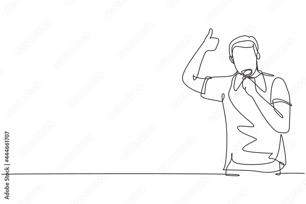Single one line drawing young man wearing jersey biting his medal after winning world sports competition. Unforgettable moment of victory. Continuous line draw design graphic vector illustration Single one line drawing young man wearing jersey biting his medal after winning world sports competition. Unforgettable moment of victory. Continuous line draw design graphic vector illustration