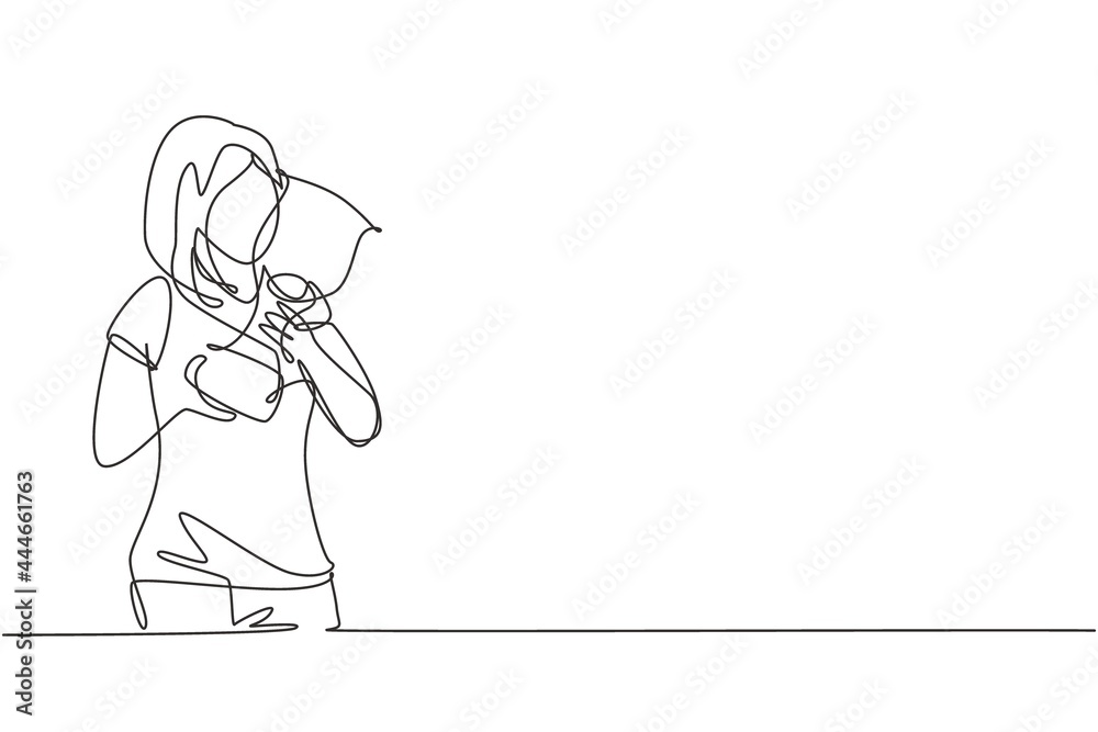 Single continuous line drawing young female athlete wearing jersey kissing national sports competition championship trophy. Proud achievement. Dynamic one line draw graphic design vector illustration Single continuous line drawing young female athlete wearing jersey kissing national sports competition championship trophy. Proud achievement. Dynamic one line draw graphic design vector illustration