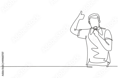 Single one line drawing young man wearing jersey biting his medal after winning world sports competition. Unforgettable moment of victory. Continuous line draw design graphic vector illustration