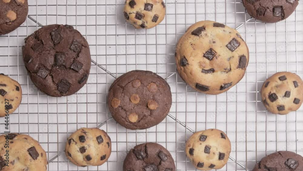 Stop Motion Of Various Cookies Rotating On A Cooling Wire Rack. overhead Stop Motion Of Various Cookies Rotating On A Cooling Wire Rack. overhead
