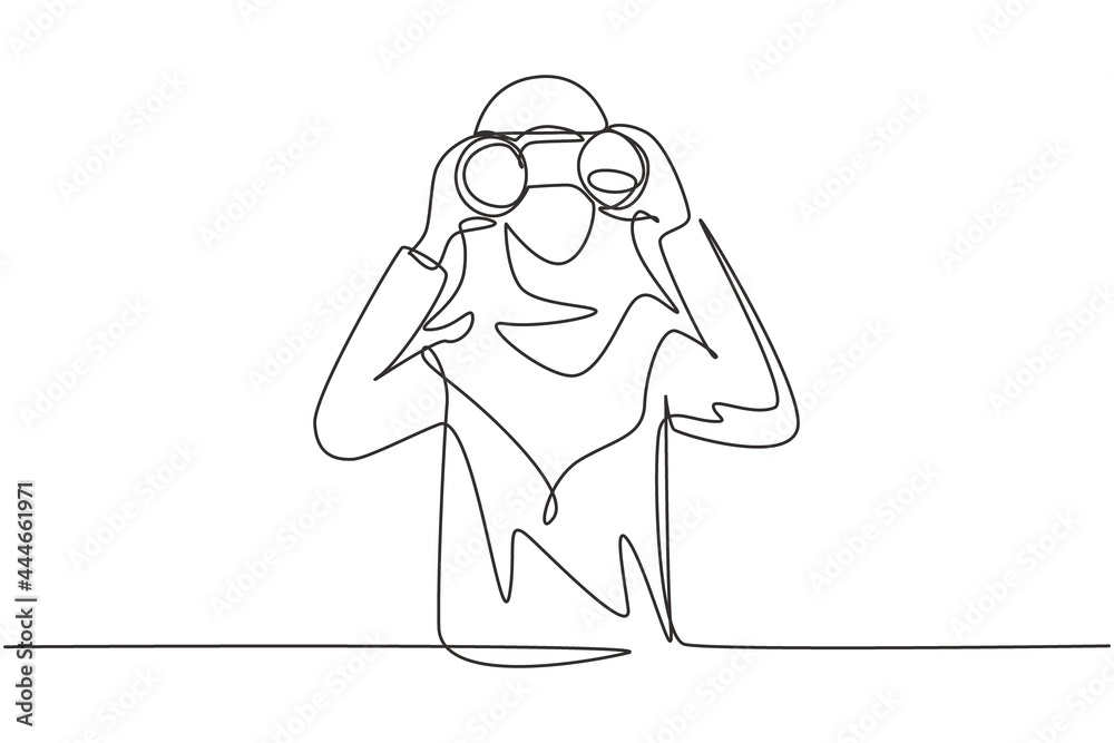 Single continuous line drawing Arab business woman looking through binoculars searching for job. Find all opportunities in the world of suitable jobs. One line draw graphic design vector illustration Single continuous line drawing Arab business woman looking through binoculars searching for job. Find all opportunities in the world of suitable jobs. One line draw graphic design vector illustration