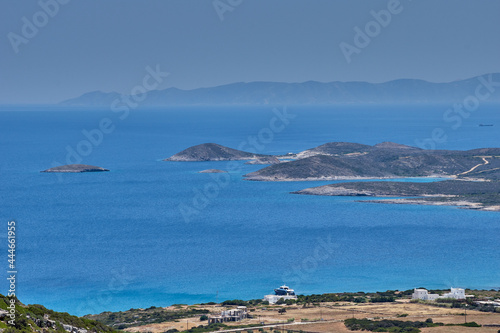 Iconic aerial view From the entrance of the cave of Antiparos island towards the aegean sea in Cyclades, Greece