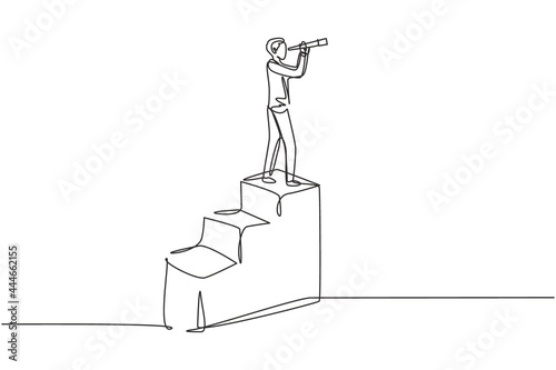 Single one line drawing vision concept in business of businessman and telescope, monocular. Symbol leadership, strategy, mission, objectives. Continuous line draw design graphic vector illustration photo