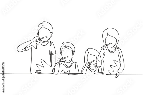 Single continuous line drawing happy family brushing their teeth together before bedtime. Routine habits for cleanliness and health of mouth and teeth. One line draw graphic design vector illustration