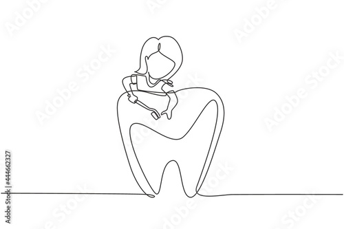 Single one line drawing girl brushing giant teeth with toothbrush. Symbol dental clinic  dentistry hospital  and oral care center. Modern continuous line draw design graphic vector illustration