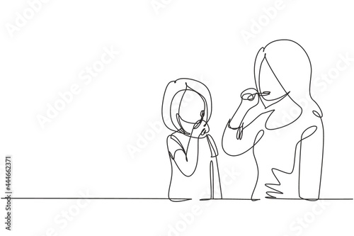 Single one line drawing mother teaching her daughter teeth brushing in bathroom. Routine habits for cleanliness and health of mouth and teeth. Continuous line draw design graphic vector illustration