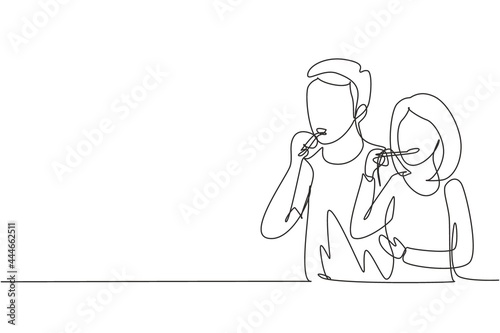Continuous one line drawing happy couple bonding while brushing teeth in bathroom. Routine habits for cleanliness and health of mouth and teeth. Single line draw design vector graphic illustration