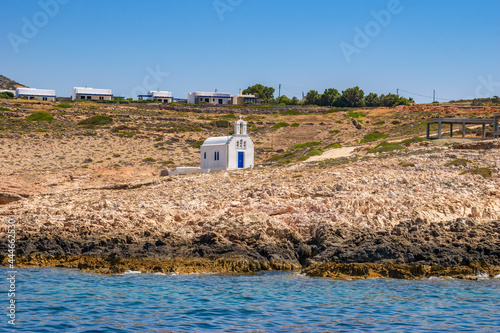 Scenic view of a typical Greek orthodox chapel located next to the sea in Paros island, Cyclades, Greece