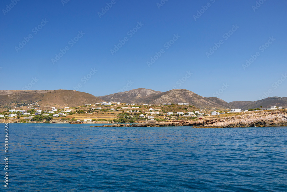 Paros island, Greece - June 2017: Beautiful seascape view cruising around Paros island. Panoramic summer scenery in Greece at Paros, Cyclades, Greece