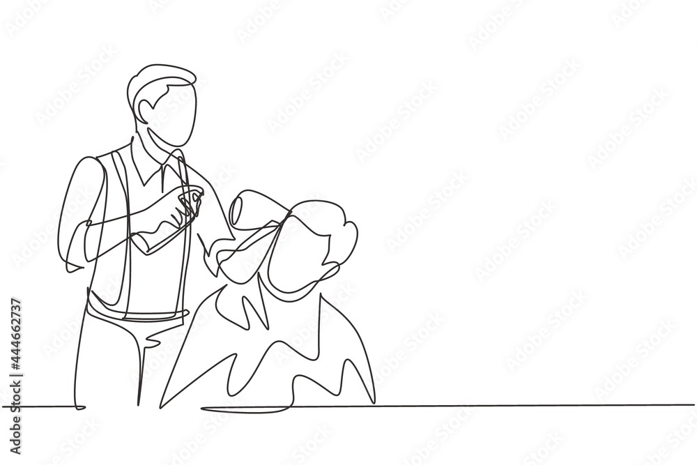 Single continuous line drawing barber makes hair styling with hair spray after haircut at barber shop. Young handsome man getting haircut in modern hair salon. Dynamic one line draw graphic design Single continuous line drawing barber makes hair styling with hair spray after haircut at barber shop. Young handsome man getting haircut in modern hair salon. Dynamic one line draw graphic design