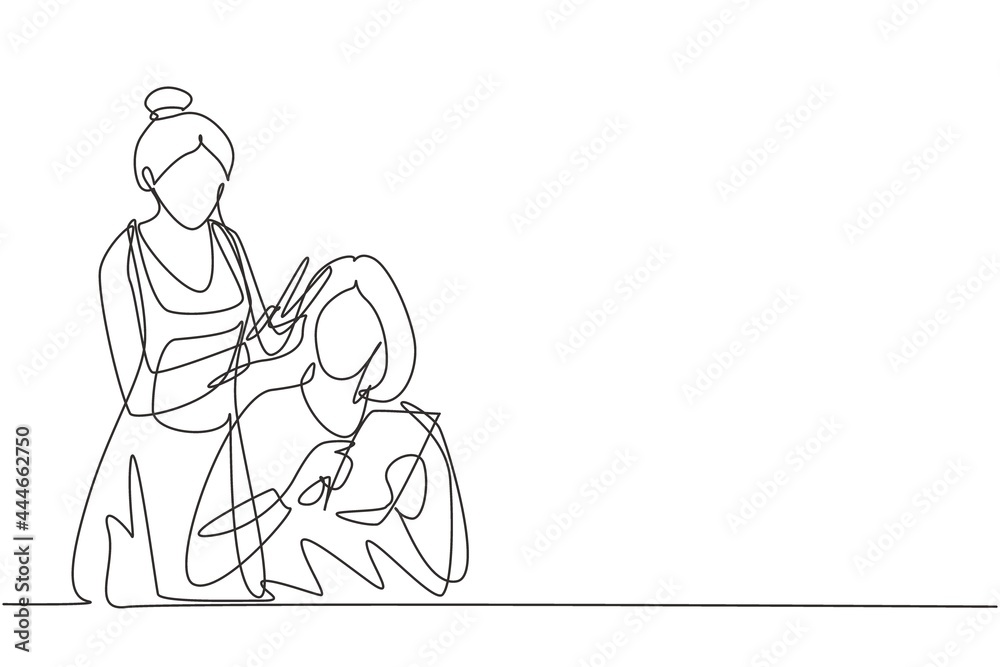 Single one line drawing young women sitting in beauty hair salon style, reading the magazine and waiting for result. Hair style beauty concept. Continuous line draw design graphic vector illustration