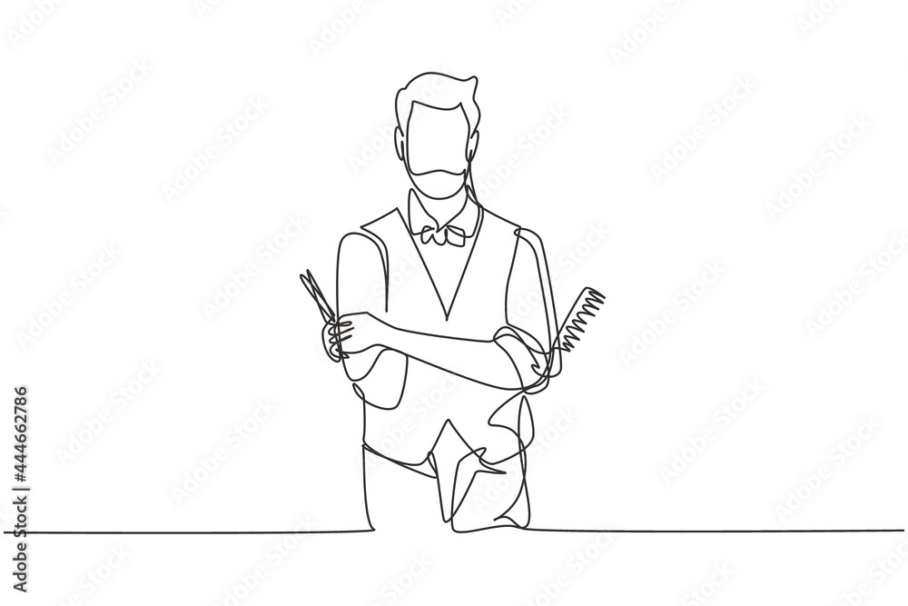 Continuous one line drawing empty place of virile harsh barber having his arms crossed, holding equipment in hand. Professional barber concept. Single line draw design vector graphic illustration