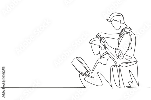 Single continuous line drawing barber shop client, which is getting his perfect haircut from a classy dressed stylist, reading the magazine and waiting for result. Dynamic one line draw graphic design