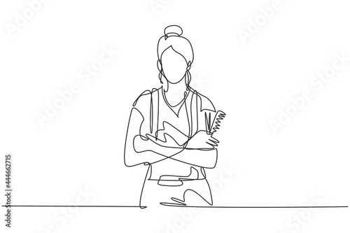 Single one line drawing portrait of smiling owner of hairdresser salon. Young woman barber beautician. Hairstylist or hair style beauty concept. Continuous line draw design graphic vector illustration